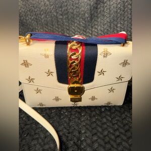 Gucci Textured Calfskin Bee Star Print Small Sylvie Shoulder Bag Mystic White